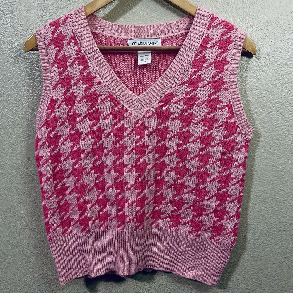 Cotton Emporium Knit Vest Pink Houndstooth Preppy Barbie Y2K‎ Women's Size M